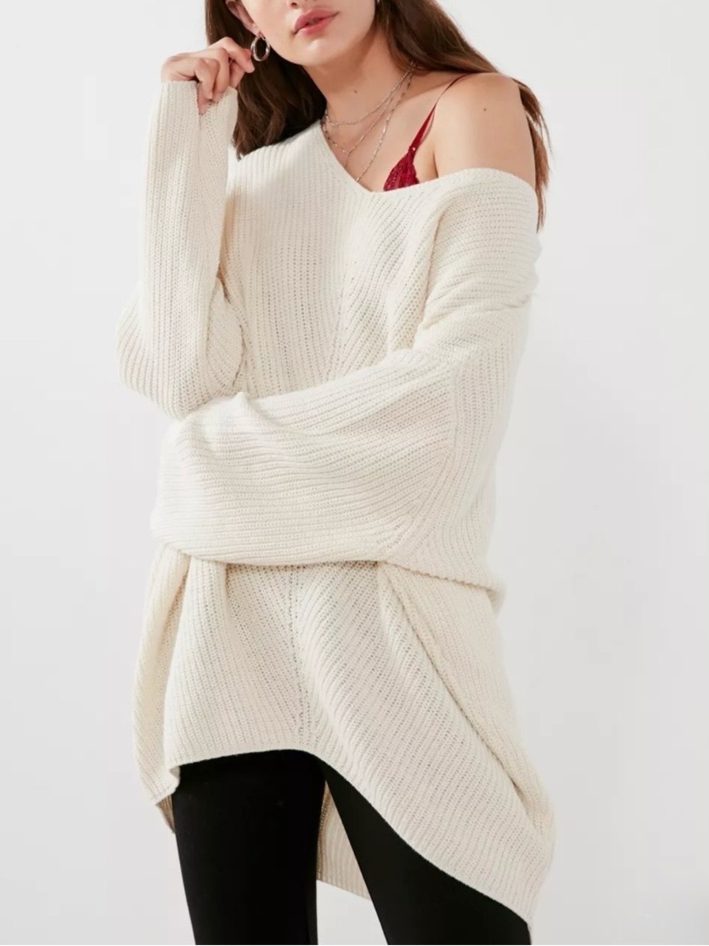 Urban Outfitters Cream Ribbed Knit Oversized Pullover Chunky Sweater High Low S